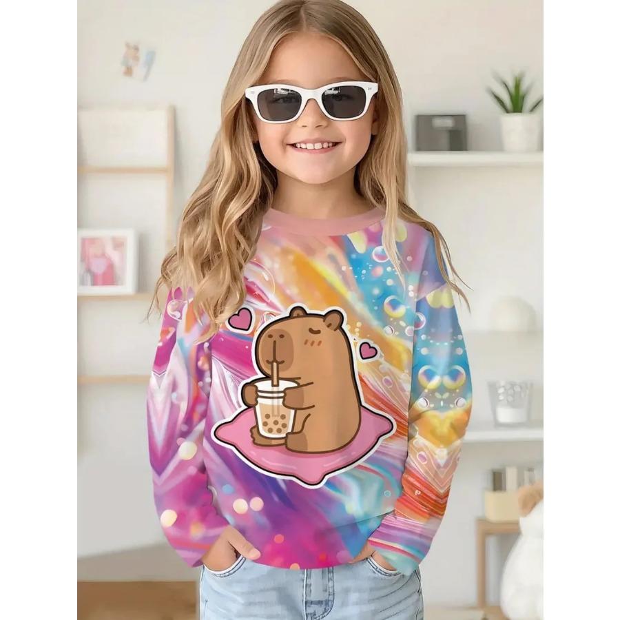 Capybara T-Shirts Children Cartoon Graphic Tee Harajuku Girl Tops Japanese Fashion Cute Animals Long Sleeves Children's Clothing