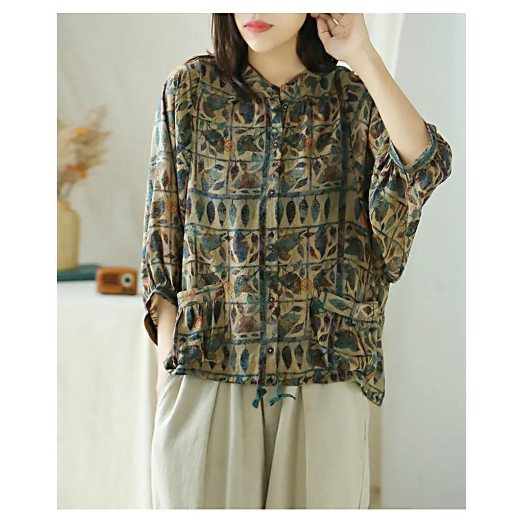 Cotton Linen Women Shirt Vintage Oversized Floral Print Blouses Harajuku Leisure Loose Ladies Casual Button Up Shirts Tops Mujer