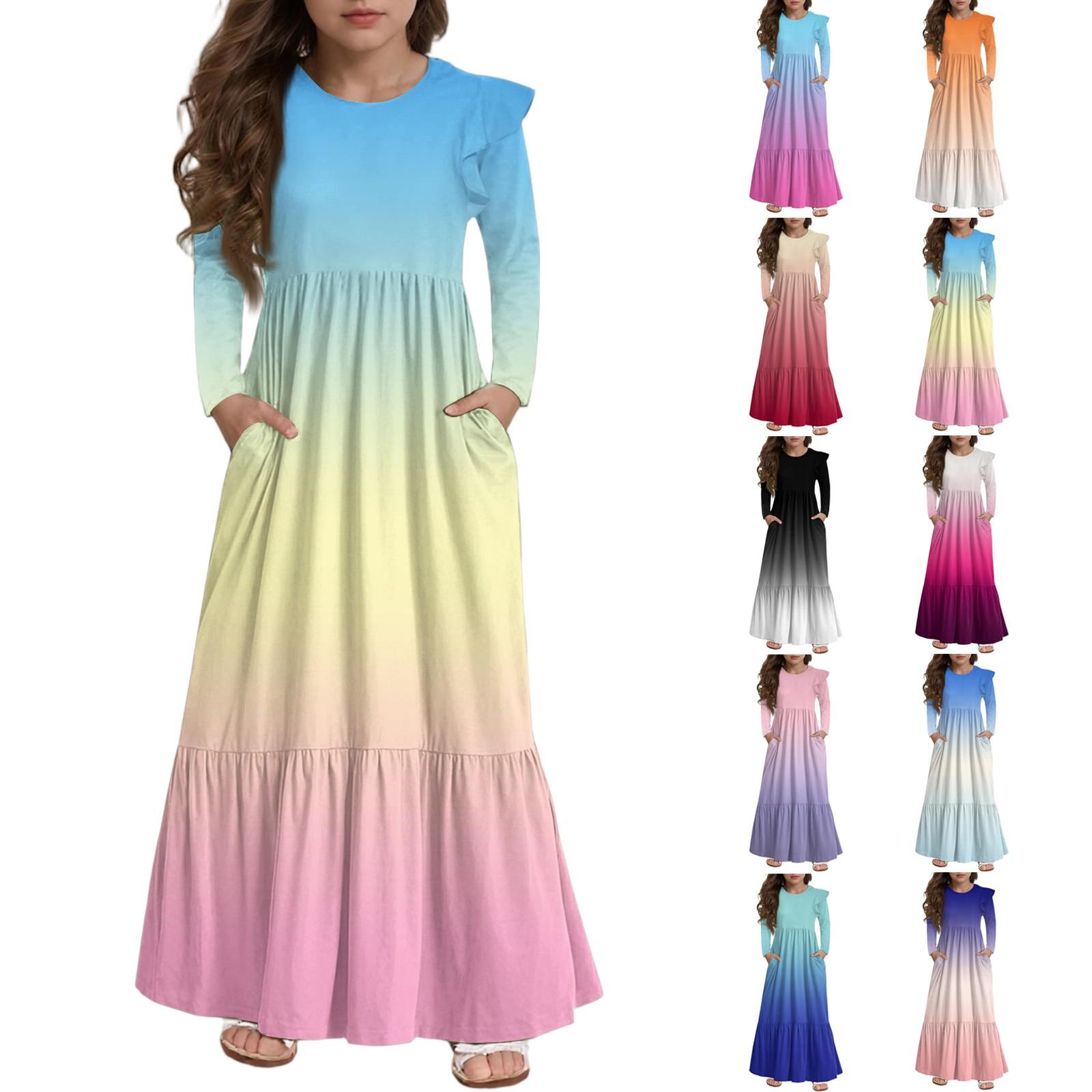 

Girls Tiered Ruffle Dress - Long Sleeve Printed Maxi With Pockets 160 кавун червоний колір