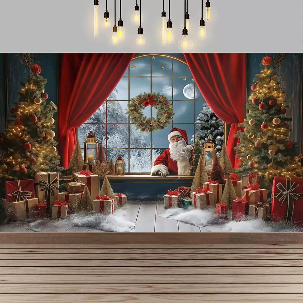 Christmas Red Curtain Decoration Backdrop Winter Snow Scenery Fireplace Santa Claus Photography Backdrop Holiday Party Supplies