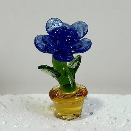 Mini Glass Rose Flower with Pot Colorful Rose Flower Ornaments Collectible Hand Blown Faux Crystal Flower Figurine for Mother's Day Birthday Table