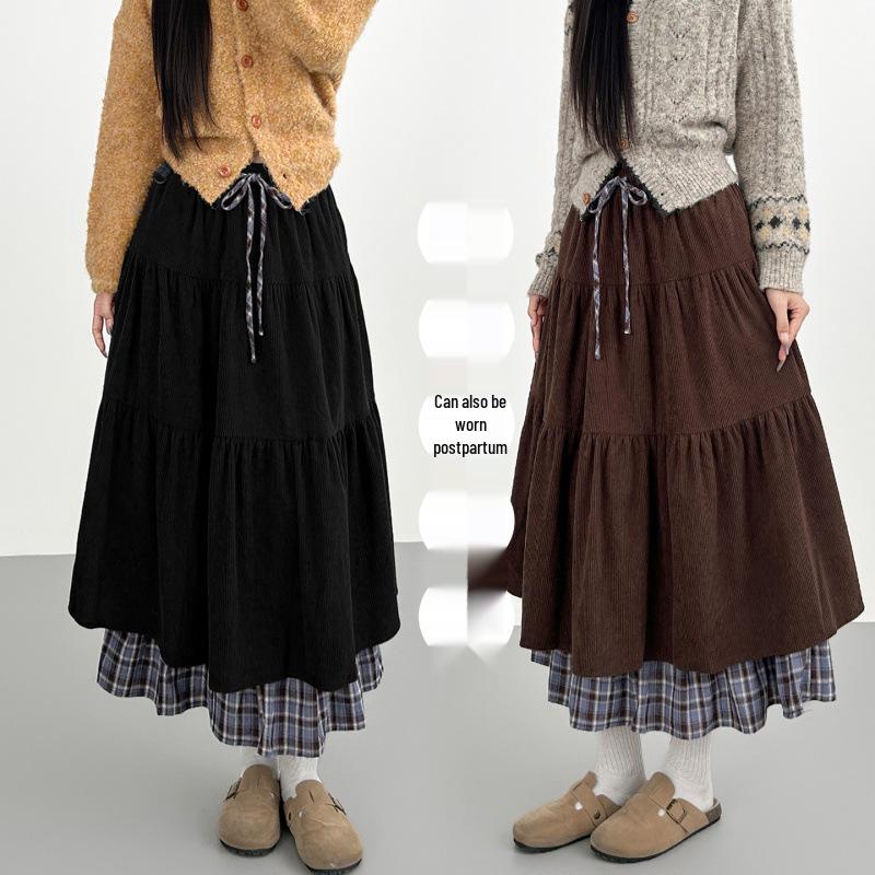 Autumn/Winter Corduroy Double-Layer Plaid Long Skirt for Pregnant Women (No Support Belt)