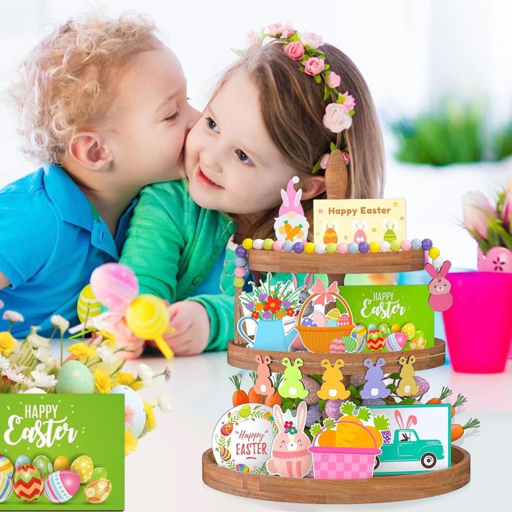 Easter Tray Decor 15-Piece Table Signs Wooden Easter Decorations For Home Party Kitchen Holiday Mantel Spring Birthday Wedding