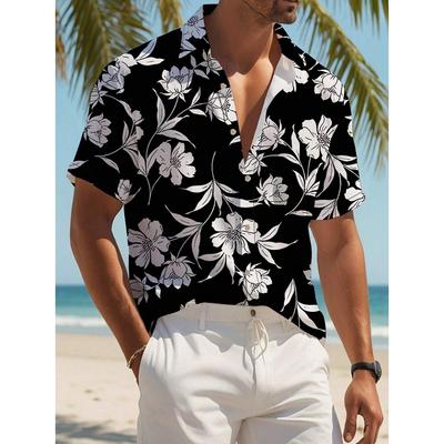 Summer Collar T-shirt Casual Vacation Shirt Men's Plant Digital Printing Style Short Sleeved Button Up Shirt Outdoor Vacation Beach Top