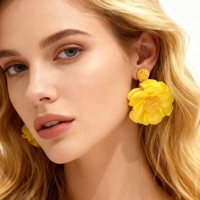 Colorful Long Drop Earrings Boho Style 3D Flower Fabric Earring  Beach Party