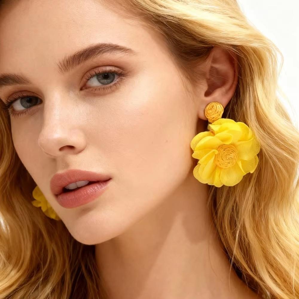 Colorful Long Drop Earrings Boho Style 3D Flower Fabric Earring Beach Party