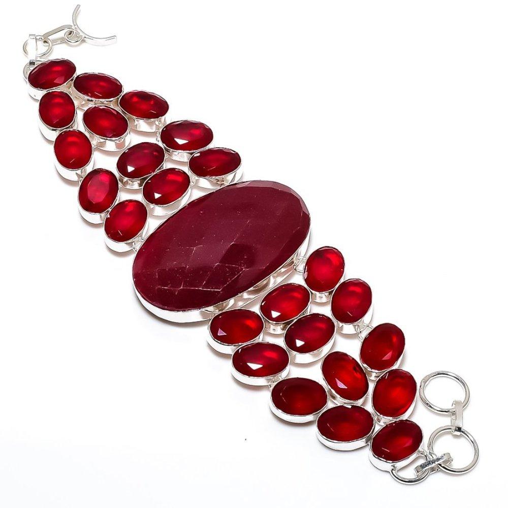 Ruby(Simulated) Gemstone Handmade 925 Sterling Silver Bracelet 7-8"