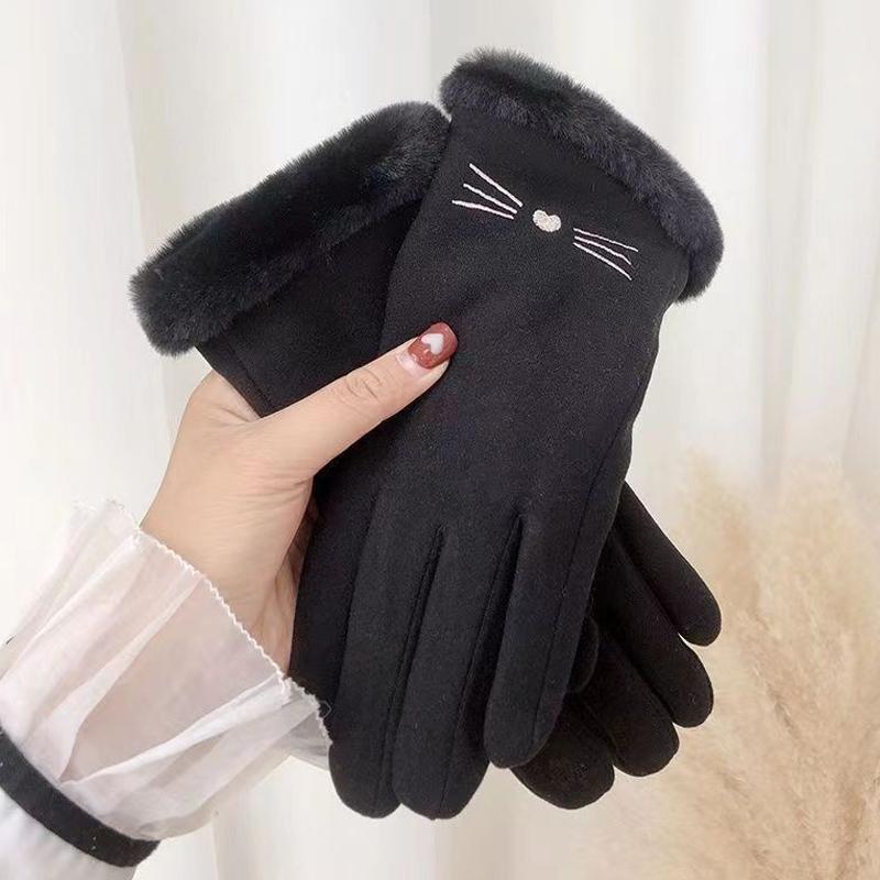 Winter Rabbit Fur Mouth Full Finger Touch Screen Mittens Plus Velvet Warm Gloves For Women