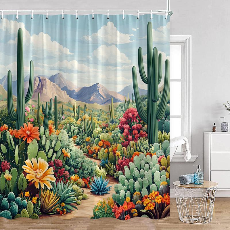 Plant Shower Curtain Cats Green Potted Plants Leaves Cat on the Toilet Modern Bathroom Decor Polyester Fabric Bathtub Curtain