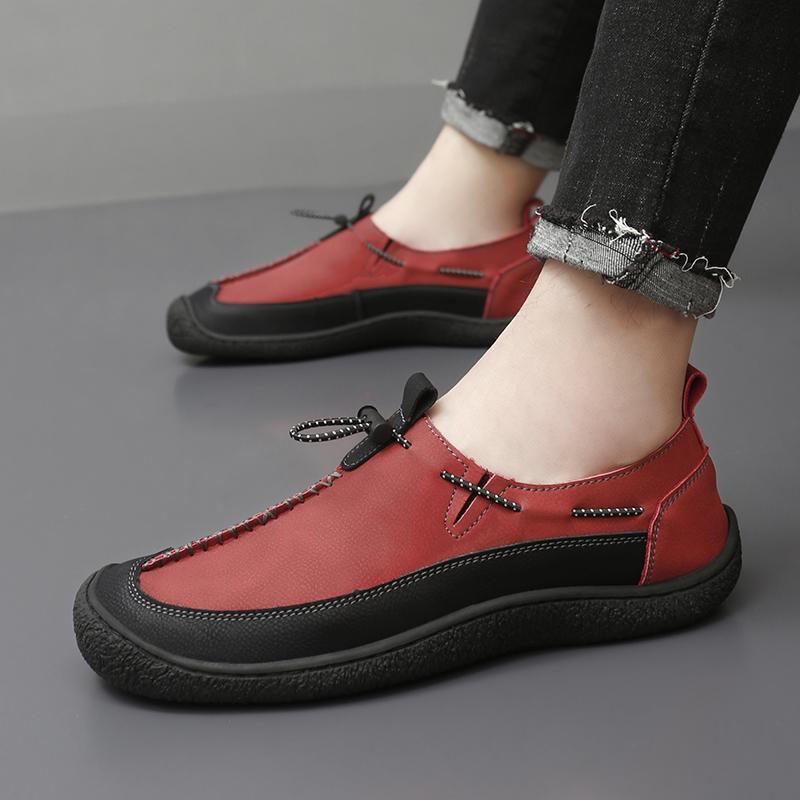 

Мужская кожаная обувь ручной работы, повседневная походная обувь, обувь для вождения, обувь с широким носком, красная, без застежек 47 красный