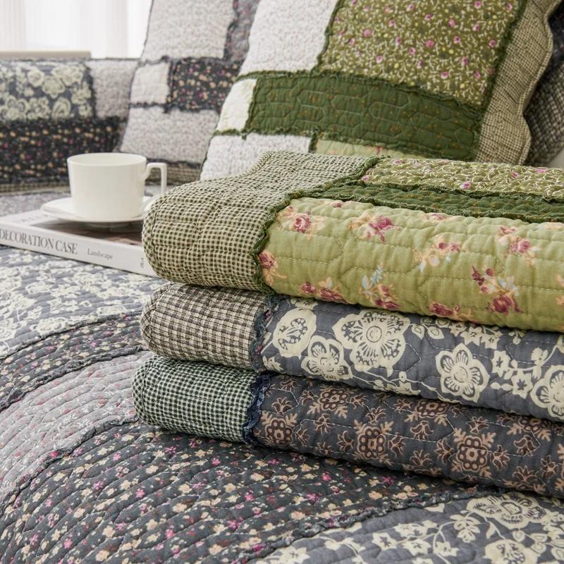 Cotton Sofa Cushion Four Seasons Universal Splicing Pastoral Style Couch Cushion Three Color Wooden Ear Edge Non-slip Sofa Cover
