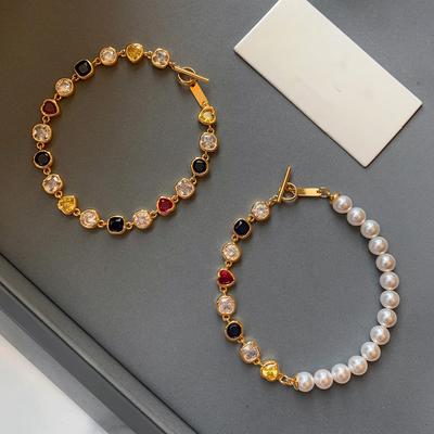 Gold Plated Zircon Heart Pearl Bracelet - Exquisite French Retro Style Jewelry for Women