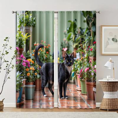 2 Pcs, Filtering Curtains (excluding Rods, Non-movable, Without Batteries) Anime-Inspired Black Cat and Houseplant for Use In
