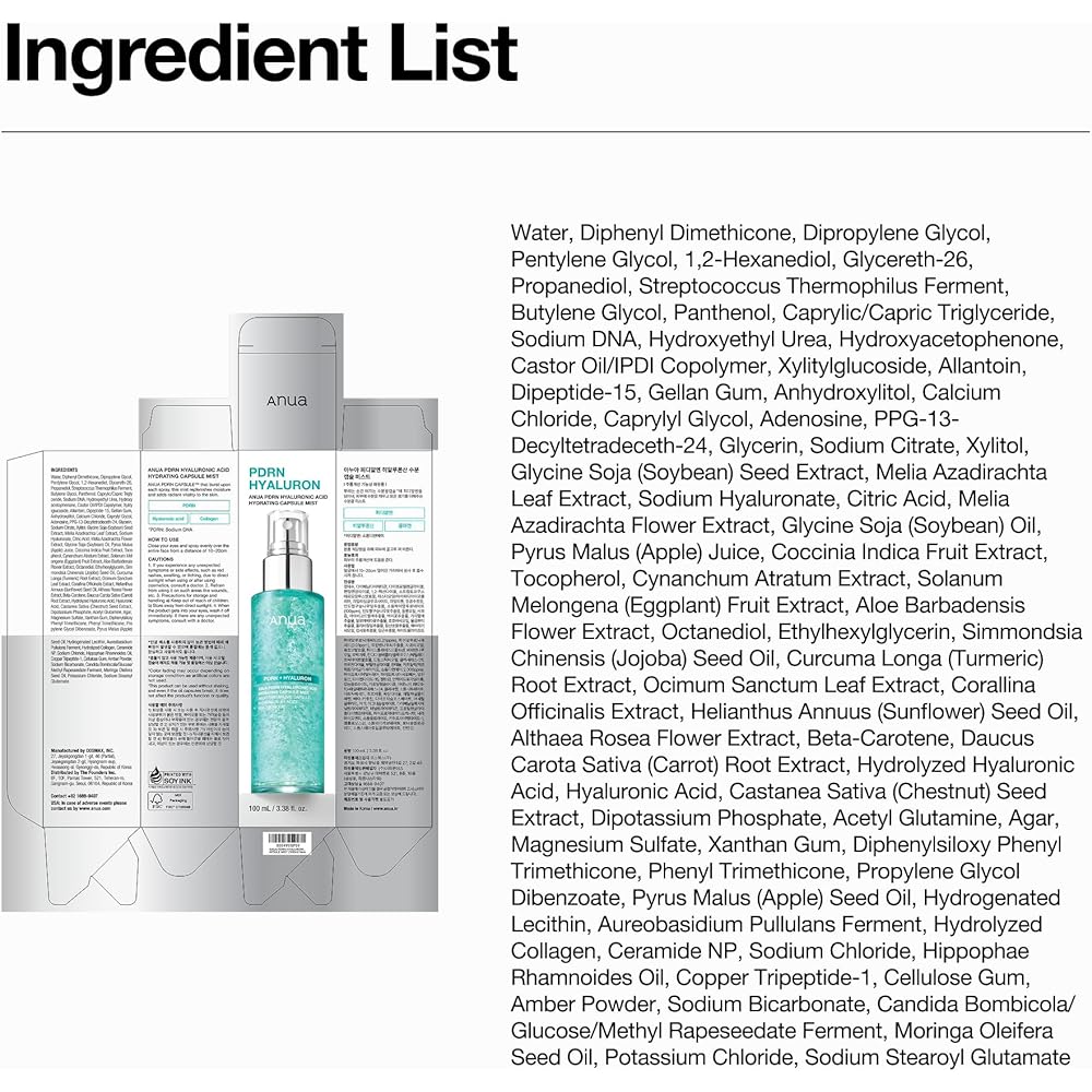 Anua PDRN Hyaluronic Acid Hydrating Mist 100ml Moisturizing Facial Spray for Dry and Combination Skin