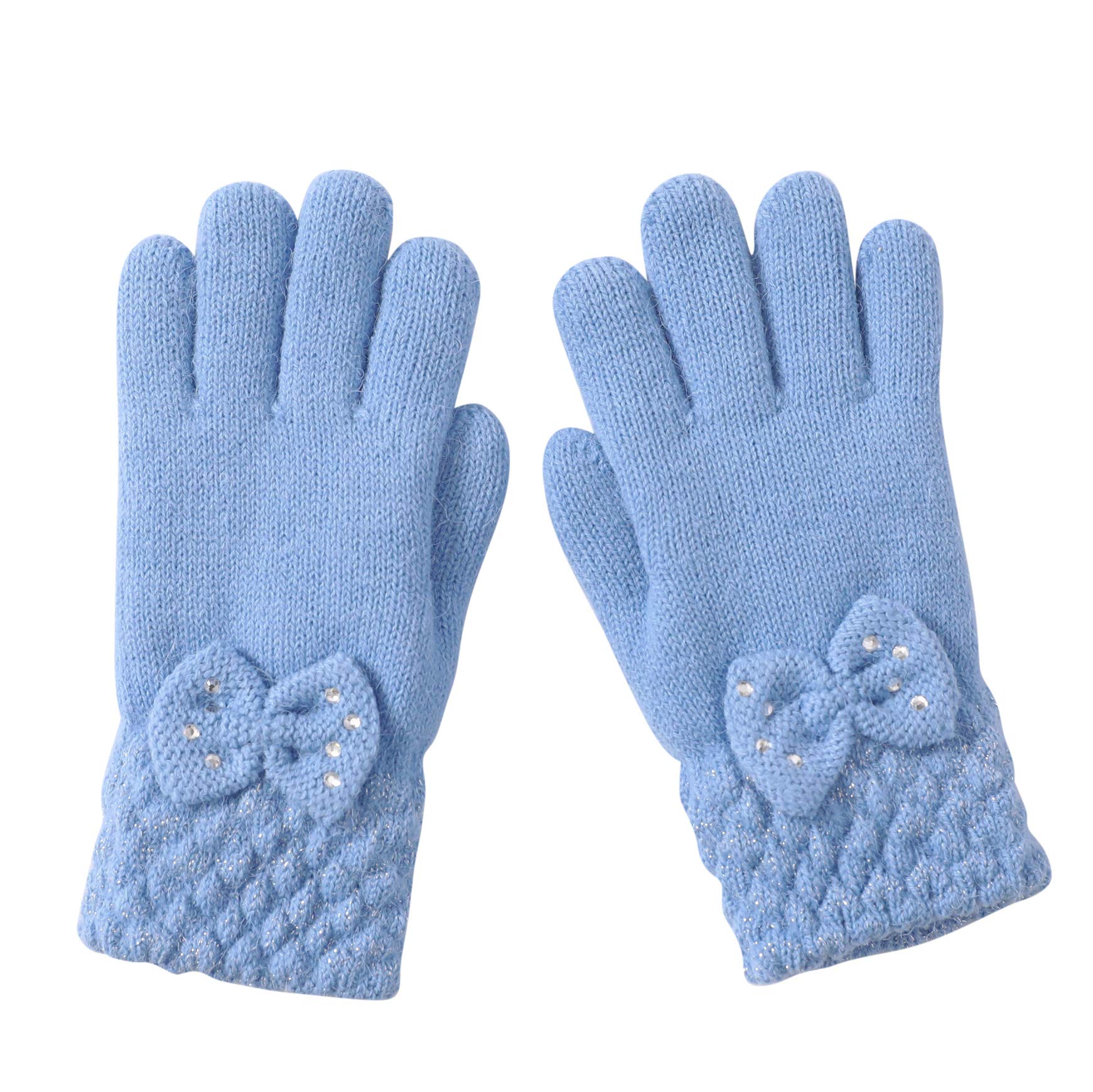 

Вязаные флисовые синие [Arisana] детские перчатки, для девочек, пятипалые, для юниоров, на подкладке, однотонные, с лентой,