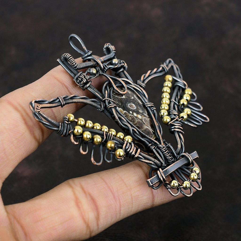 Turritella Agate Pendant Copper Wire Wrapped Pendant Gemstone Pendant Owl Pendant Handmade Copper Wire Jewelry Stylish Pendant Gift For Him