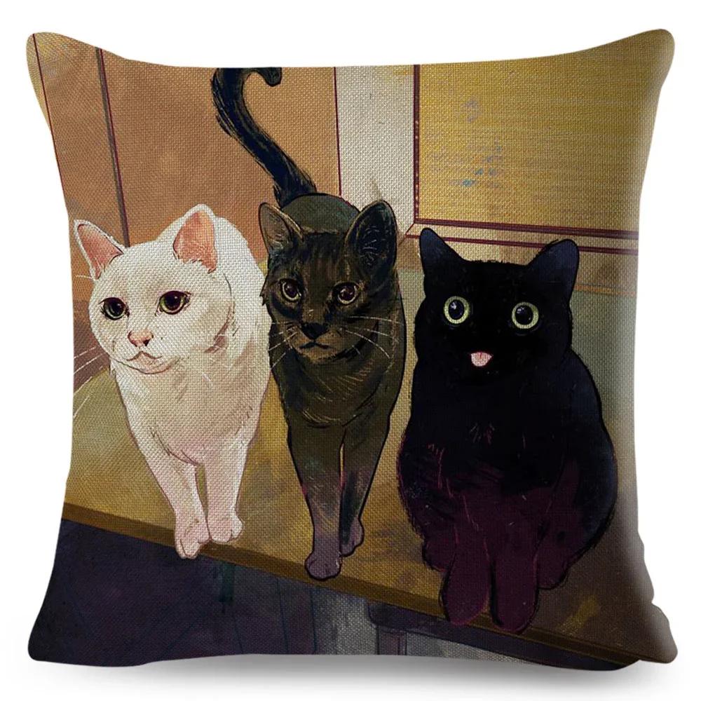 Olejomalba Roztomilá Kočka Povlak na Polštář Dekor Barevný Kreslený Domácí Zvíře Povlak na Polštář Polyesterový Povlak na Polštář na Pohovku Dětský Pokoj