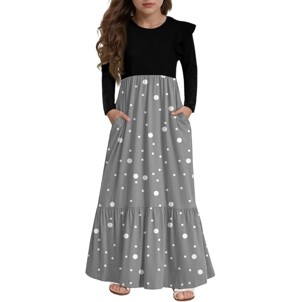 Girls' Tiered Ruffle Dress - Long Sleeve Printed Maxi With Pockets
