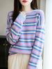 Women's Wool Striped Round Neck Pullover Sweater - Slimming, Long Sleeve Knit Top for Autumn/Winter