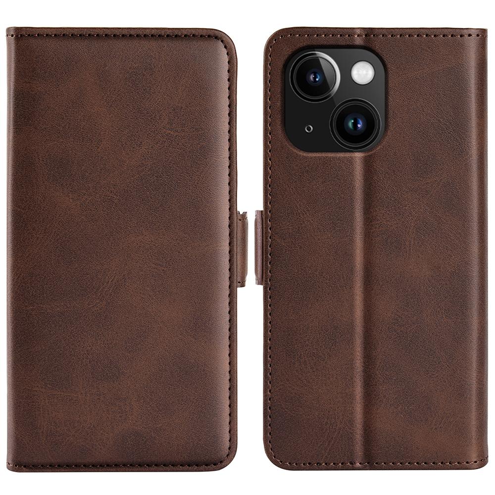 

For iPhone 15 Plus PU Leather Wallet Phone Cover Calf Texture Stand Full Protection Phone Case Brown