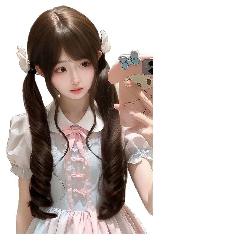 Peluca Lolita Larga Rizada Doble Cola de Caballo con Rizos Romanos para Mujer - Cubre Cabeza Completa Dulce y Linda
