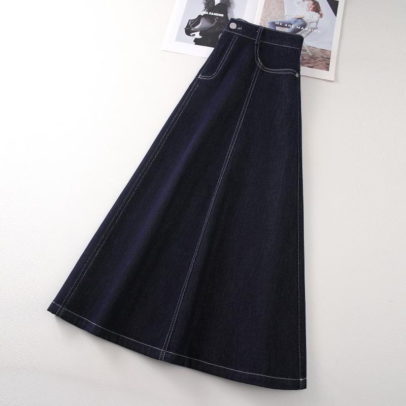 A-Line Dark Blue Denim Midi Skirt for Women - New 2025 Spring/Autumn Slimming, Loose Fit, Draped Umbrella Style