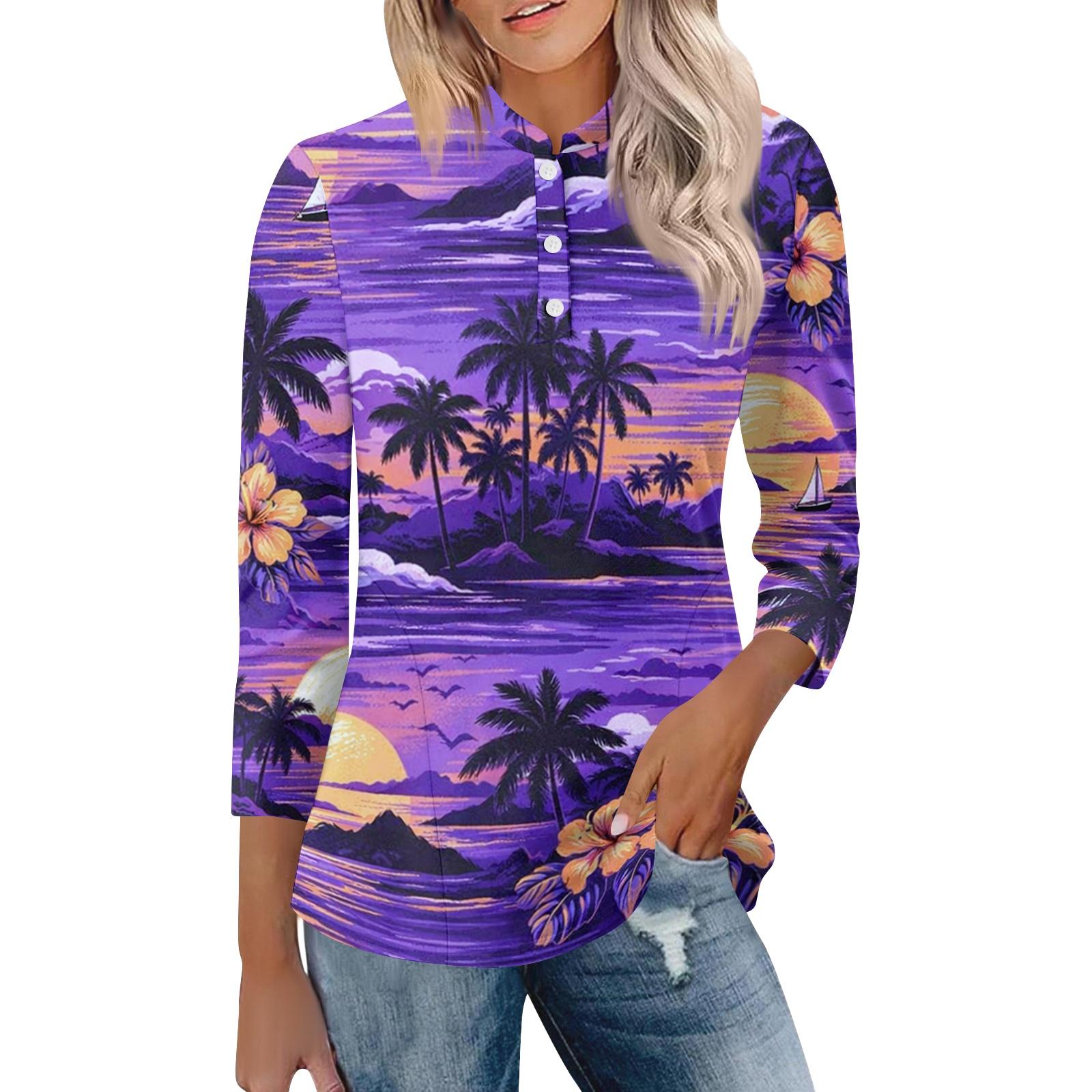 

Women Casual Polo Collar Shirt Loose Fit Three Quarter Sleeve Top Lightweight Breathable Fabric Button Front Blouse XXL