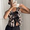 Mode Leopardenmuster Ausgeschnittenes Shirt Damen V-Ausschnitt Ärmellos Schnürung Tank Crop Tops Schick Weiblich Lässig Locker Bluse Streetwear