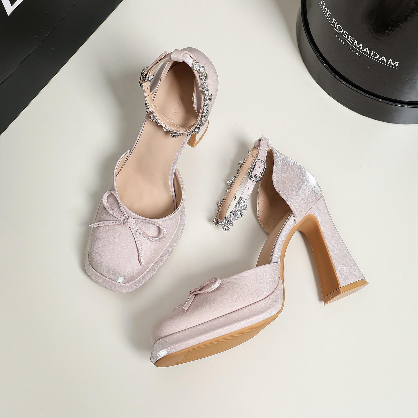 

New Bridal Wedding Shoes - French Bow Rhinestone Block Heel Closed-Toe Sandals, Comfortable Non-Tiring, Sexy Hollow Out for Club/Evening, XW-A938-13 39 рожевий