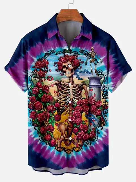 Vintage Men Shirts Funny Skull Flowers Printing Streetwear Short Sleeve Shirts Summer Hawaii Shirt Print Lapels Shirts for Men