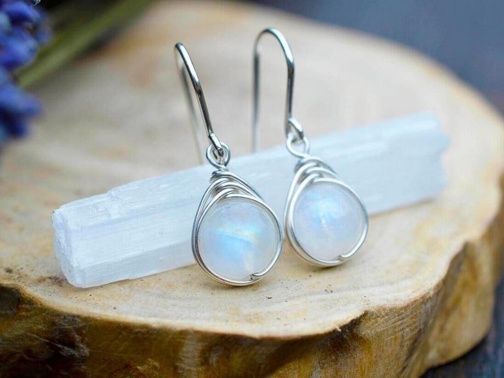 Moonstone Retro Earrings, Punk Style, Rainbow Gemstone Stud Earrings.