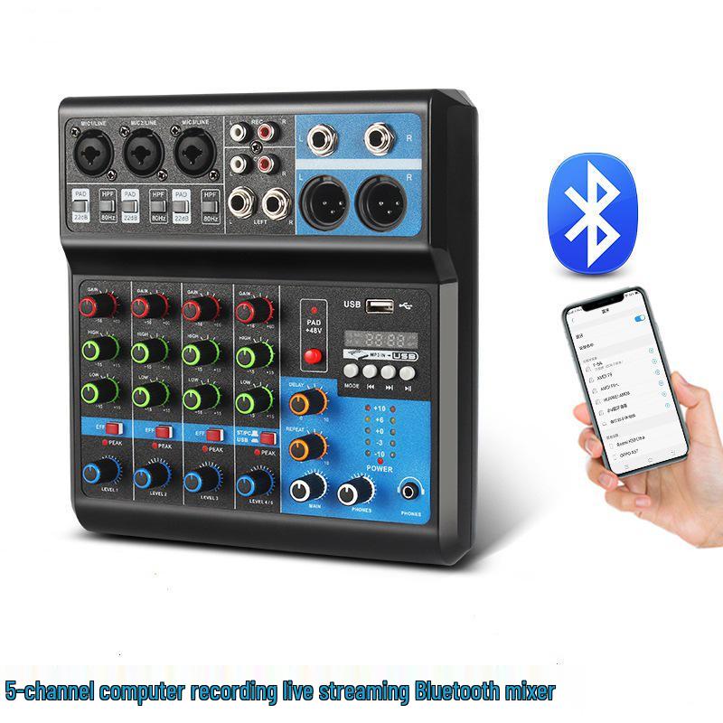 5-Channel USB Bluetooth DJ Mixer: Driver-Free Sound Card for Live Broadcast, Home, and Stage Use