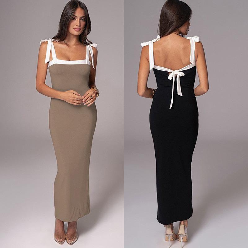 

Europe and America Cross Border Foreign Trade Women s Clothing Amazon Sling Dress Shoelace Reverse Elegant Dress Slim Fit Long Dress Black S