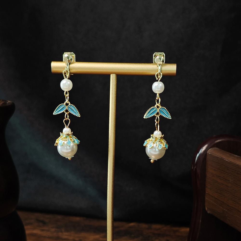 New Chinese antique beaded long fringed earrings, ethnic feng shui drop Hanfu accessories without ear clips