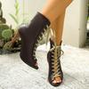 Fashion Lace-up Fish Mouth Cold Boots Women's Summer New Round Toe Open Toe Cutout Breathable Soft Leather Stiletto Heel Booties