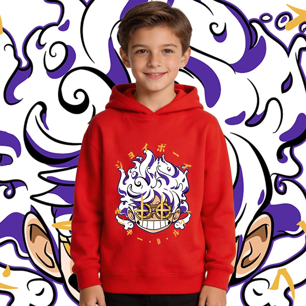 Anime One Piece Luffy Gear 5 Print Hoodie Kids Pullover Hooded Sweatshirt Autumn Winter Streetwear Children Tops