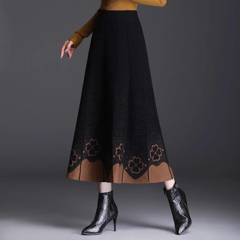 Slim-Fit A-Line Women's Autumn Winter Thickened Knitted Midi Skirt High Waist Embroidered Wool Long Winter Skirt