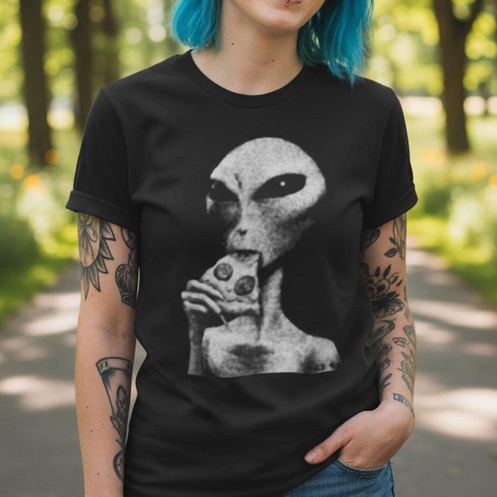 Alien Pizza T-Shirt Funny UFO Graphic Tee Black Tee Cosmic Style Foodie Shirt Gift For Believer Pizza Lover Space Fan Extra Cheese Vibes S