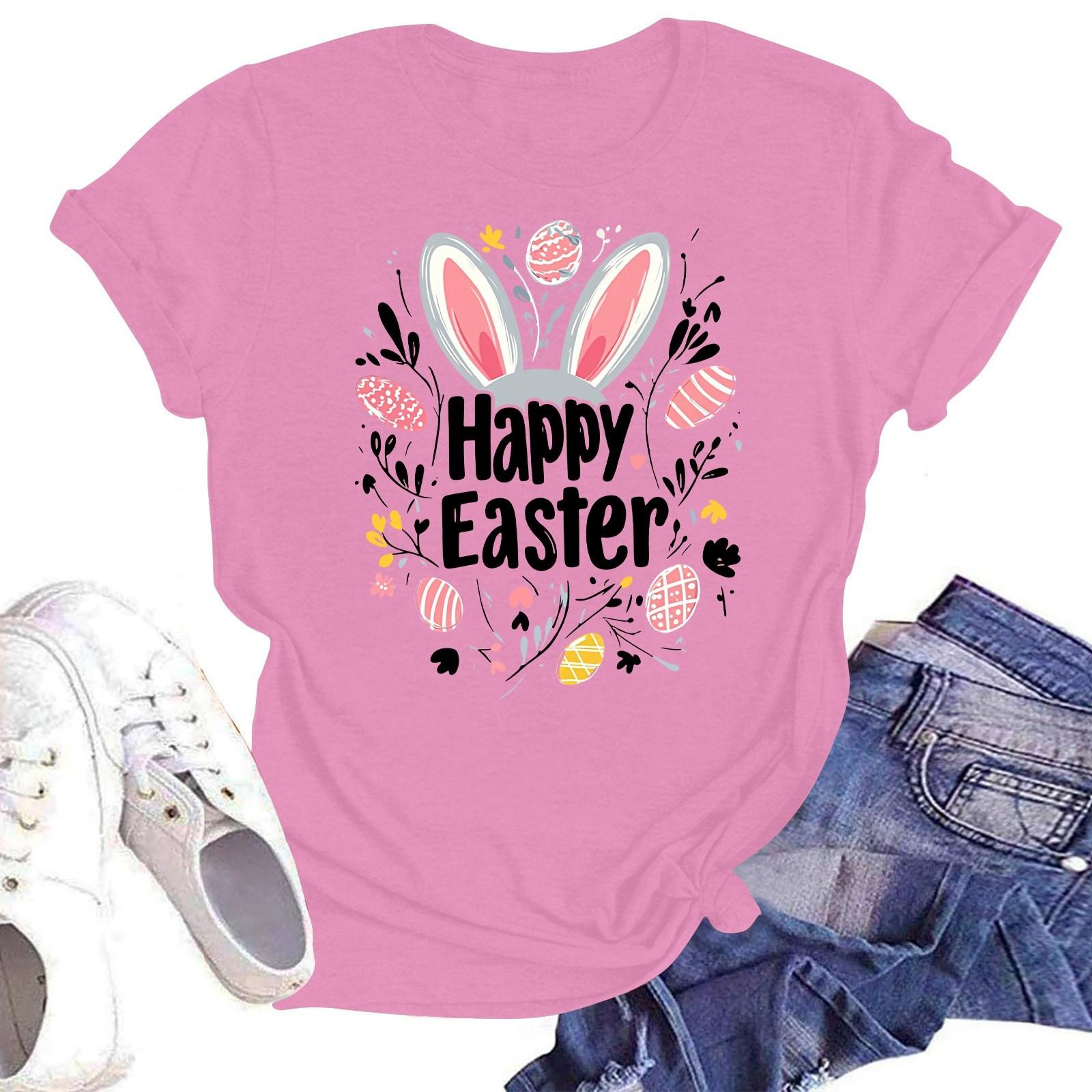 

Счастливой Пасхи женская мода принтованный круглый вырез короткий рукав футболка пуловер топ XXL розовый