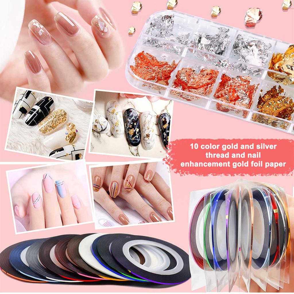 Nagelkunst Zubehör Set Nageldekorations-Kit 15 Stück Nagelstifte 5 Stück Doppelseitige Dotting-Stifte Nagelsticker Nagel Goldfolie 10 Farben Metallische Fäden Nagel