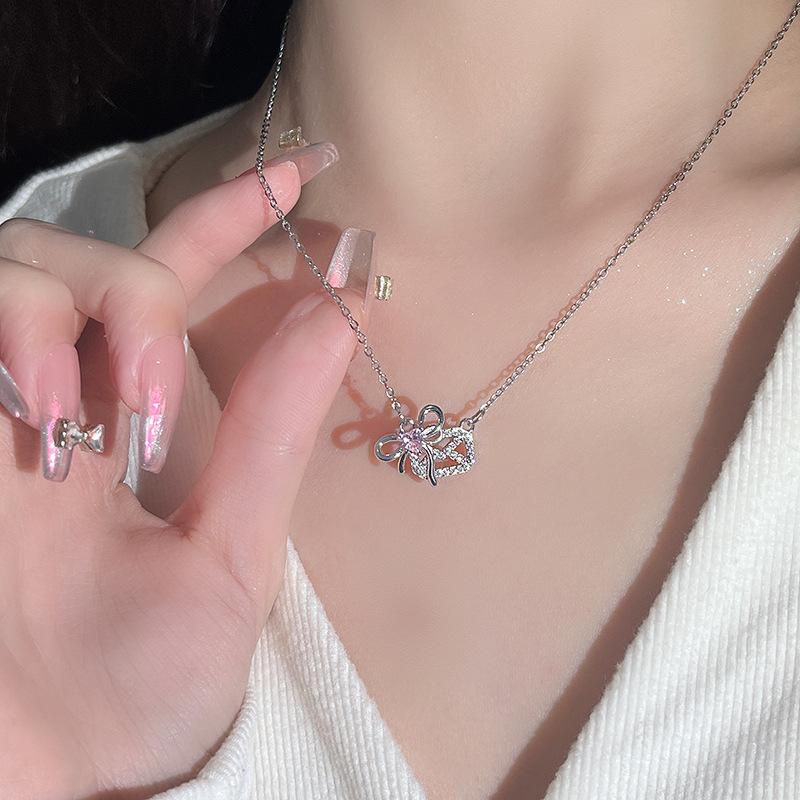 Original Bow, Bag, Necklace, Temperament, Pink Zirconium Love, Female Niche Design, Heart-shaped Stainless Steel Collarbone Chain