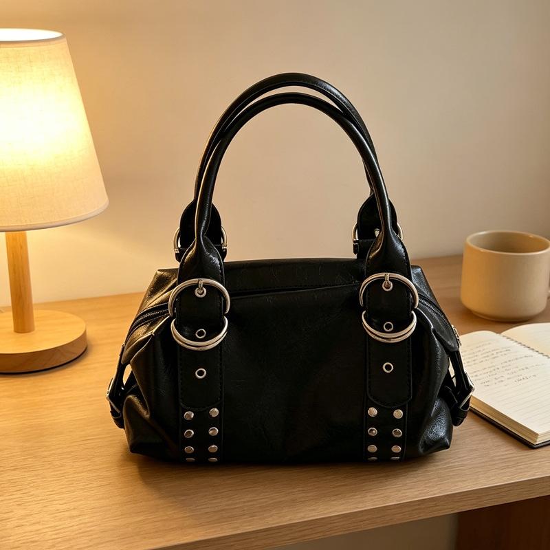 Black Faux Leather Shoulder Handbag Rivet Buckle Decor Vintage Satchel Bag with Top Handles