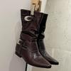 Fashion Retro Knight Boots Autumn New Fashion Pointed Toe Metal Belt Buckle Inside Heightened Anti-Slip Wear-Resistant Mid-