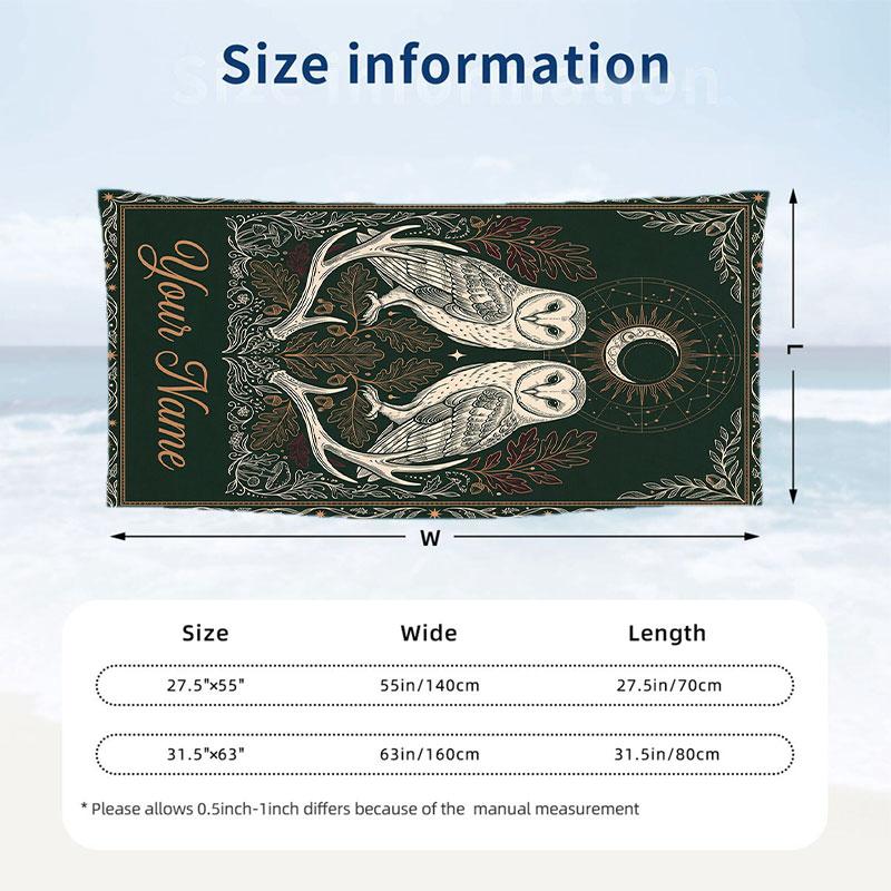 Ethereal Owl Dreamscape Theme Quick Dry Beach Towel Custom Name Text Print Large Sand Resistant Towel Beach Vacation