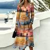 Women's Casual Halloween Print Long Sleeve V-Neck Dress with Pockets for Fall Party