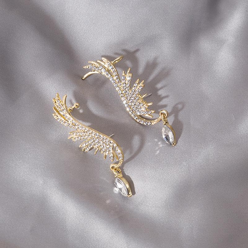 Exaggerated Super Flash Angel Wings Full Of Diamond Earrings, Hipster Personality Long Earbone Clip Earrings