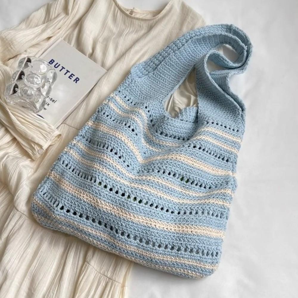 Striped Pattern Woven Shoulder Bag Bohemian Hollow Out Beach Bag New Knitted Tote Bag  Versatile