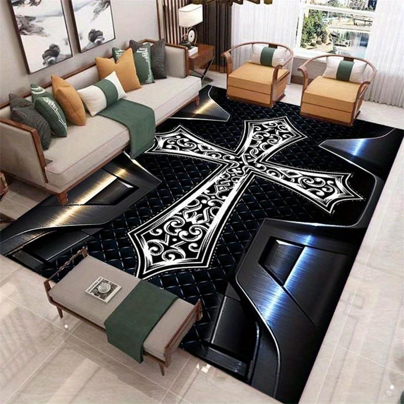Modern Metal Cross Print Rug - Non-Slip Rectangle Mat for Living Room Bedroom Kitchen Indoor Outdoor, Contemporary Decor Mat