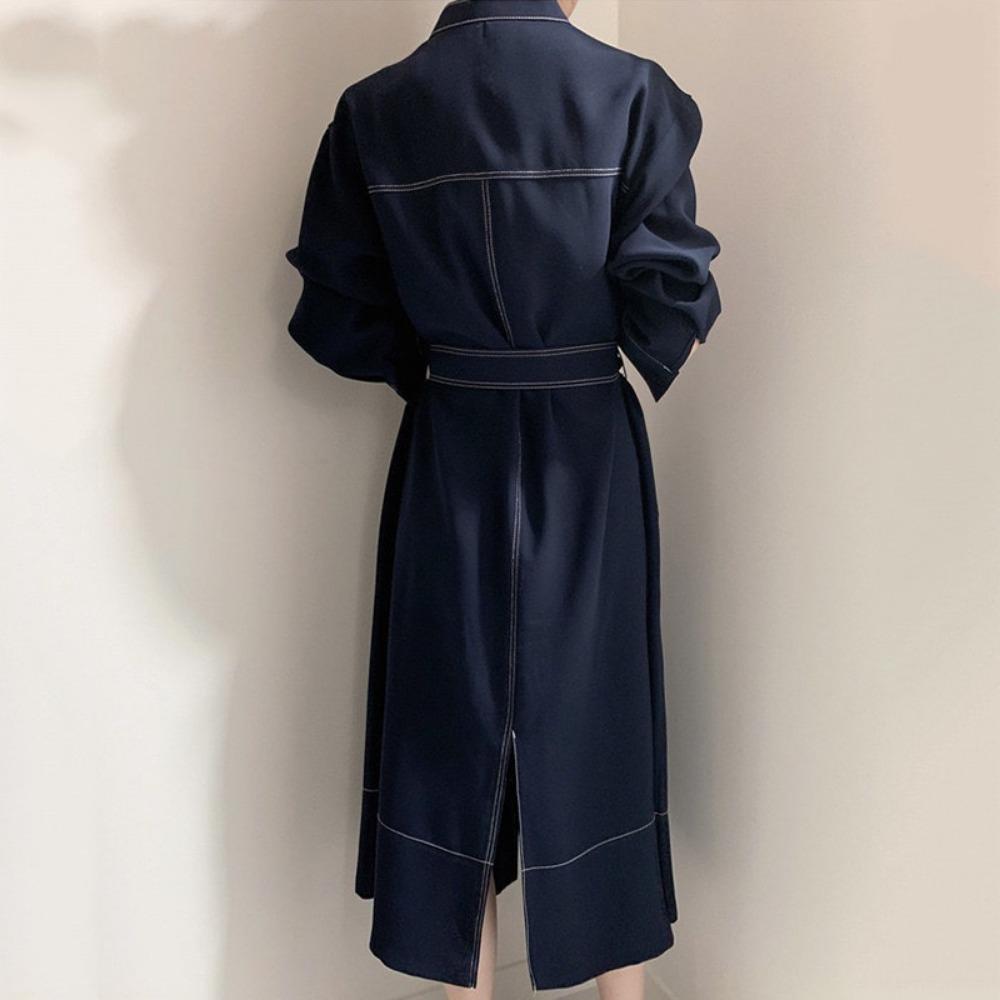 Single Breasted Women's Shirt Dresses Sashes New Stand Collar Casual Straight Dress Female