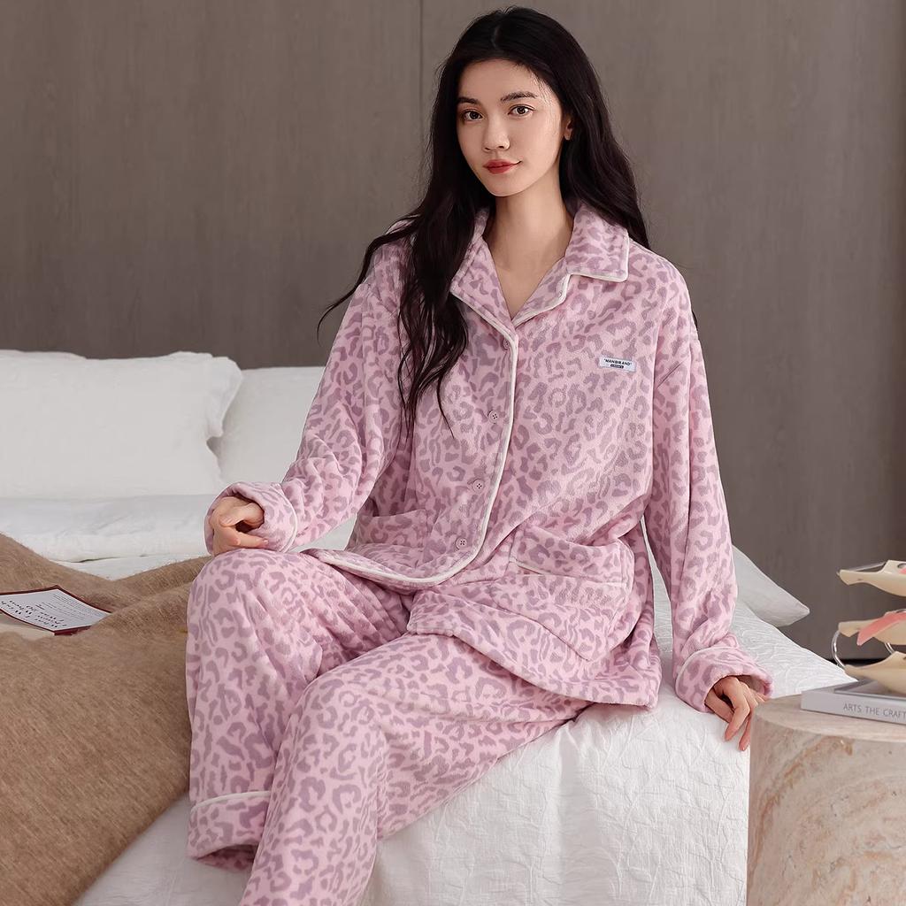 Women 2‑Pieces Pajama Set Long Sleeve Top & Pants Soft Warm Sleepwear Casual Home Loungewear Autumn Winter Nightwear For Ladies